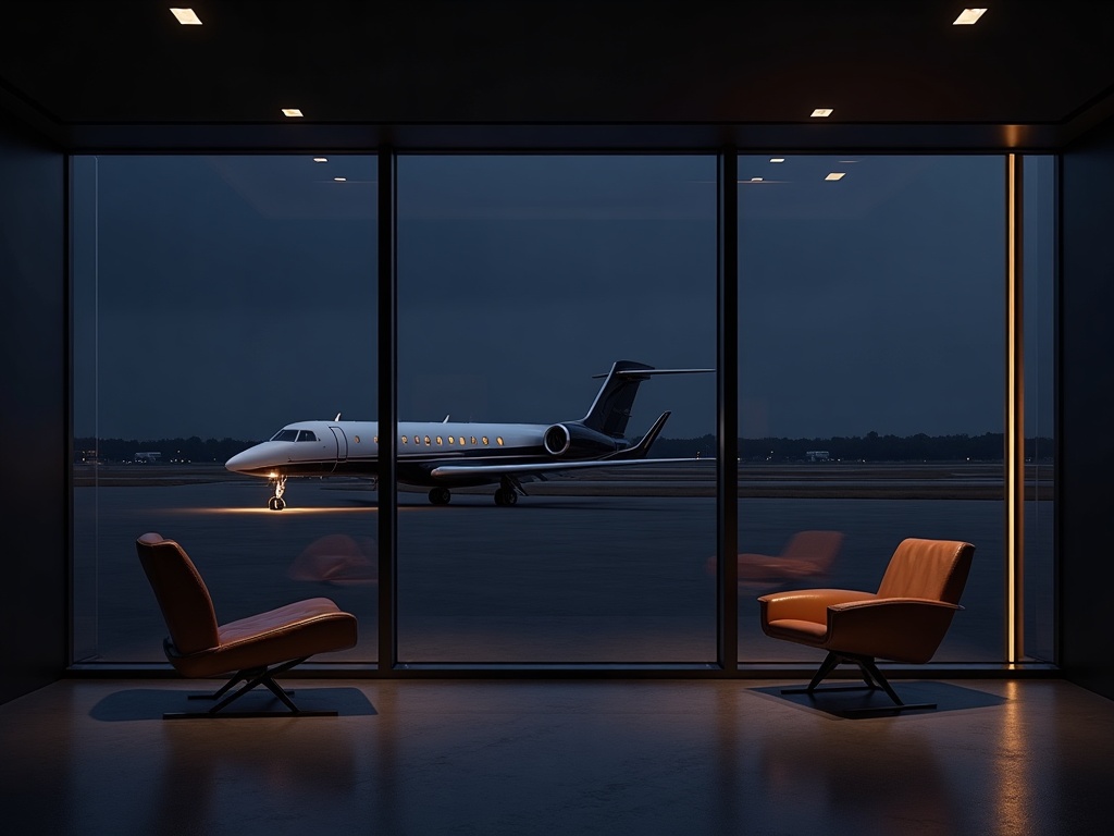 Quiet private-aviation terminal lounge at night with glass overlooking a parked jet