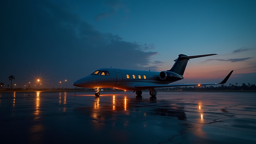Private jet on a tropical airport apron at dusk with warm runway lighting and palm silhouettes